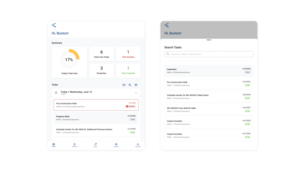 Image of main tasks screen showing metrics at the top and a task list below as well as an image of the search tasks feature.