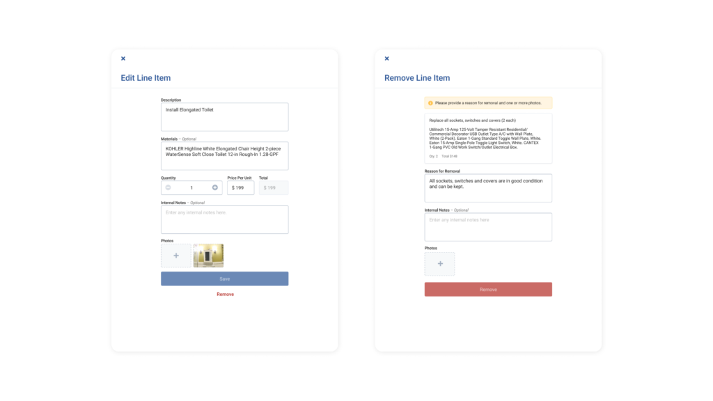 Images of edit line item screen and remove line item screen.
