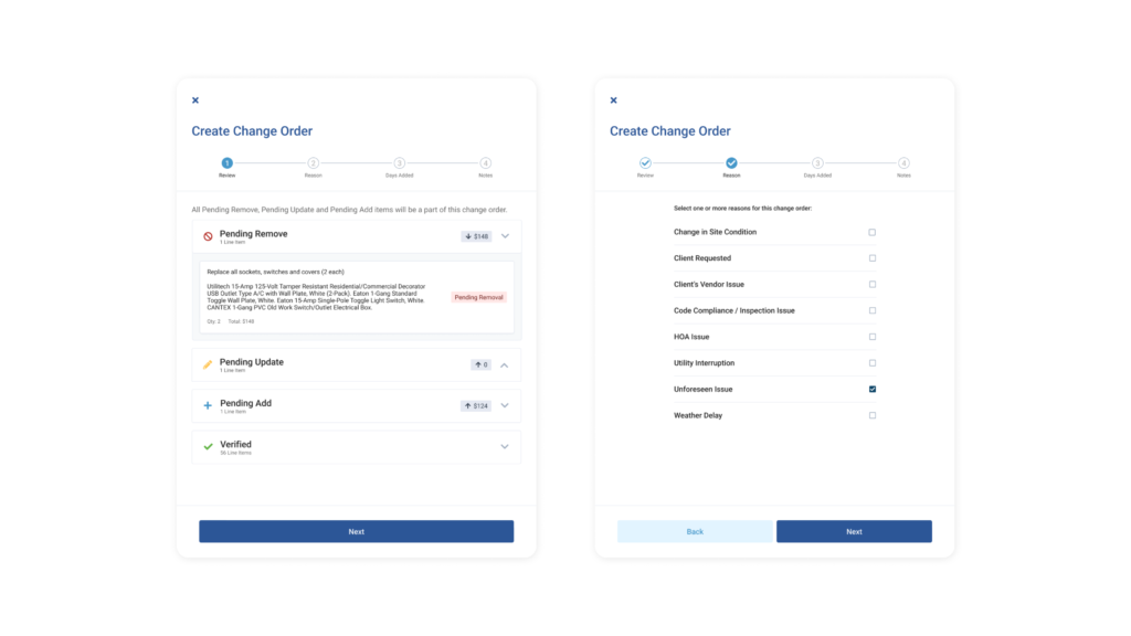 Images of change order steps 1 and 2.