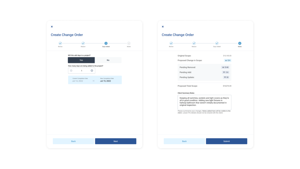 Images of steps 3 and four in the four step process of creating a change order.