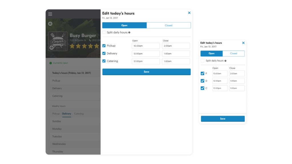 Image of for both desktop and mobile views of editing today's hours.